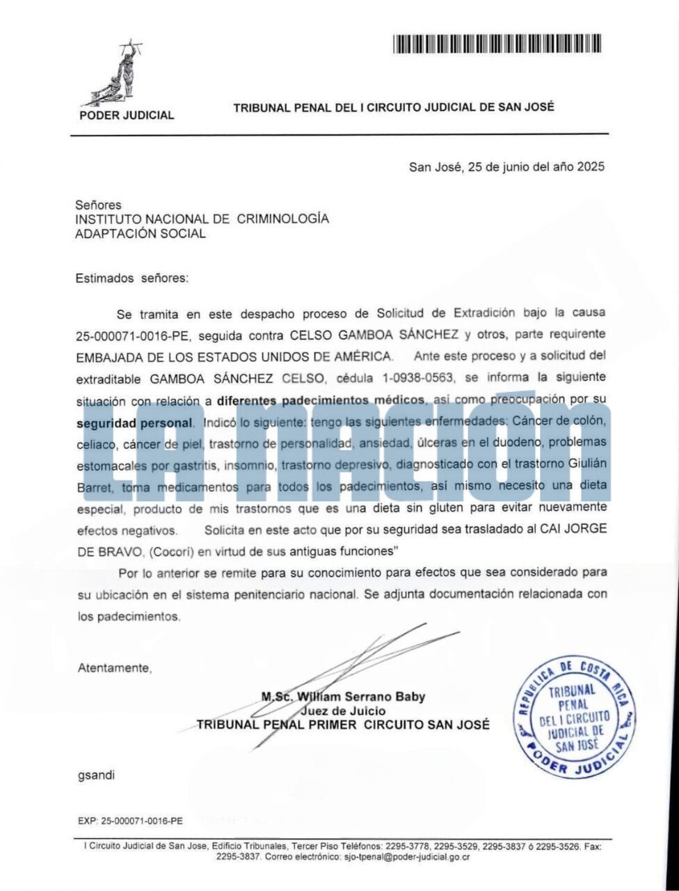 Documento enviado a Adaptación Social, donde se enumeran los 10 padecimientos reportados por la defensa de Celso Gamboa.
