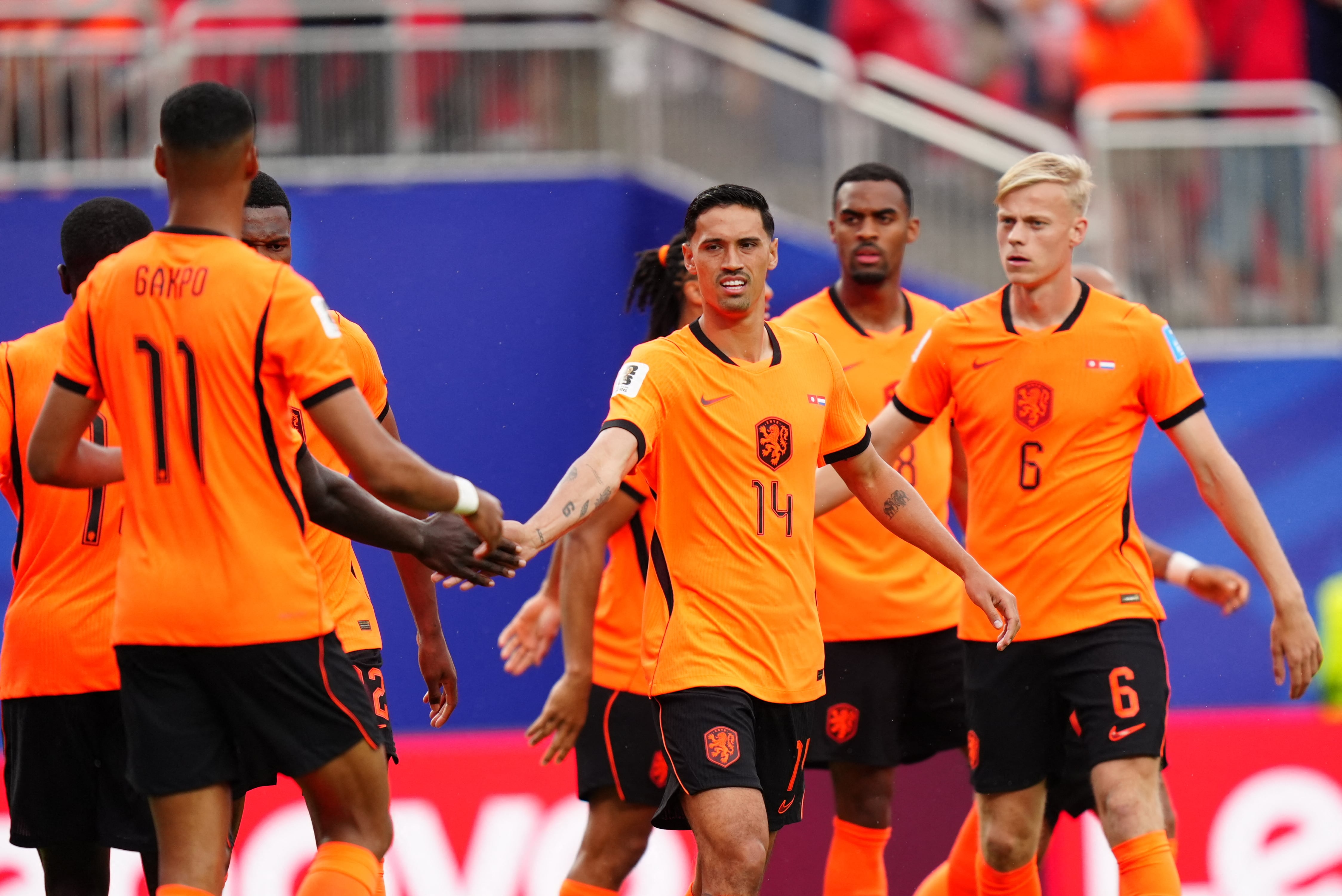 KANSAS CITY, UNITED STATES - JUNE 25: Players of Netherlands celebrate after Ellyes Skhiri of Tunisia scored an own goal during the 2026 FIFA World Cup First Stage Group F match between Tunisia and Netherlands at Arrowhead Stadium (Kansas City Stadium) in Kansas City, Missouri, United States on June 25, 2026. Hakan Akgun / Anadolu (Photo by Hakan Akgun / Anadolu via AFP)