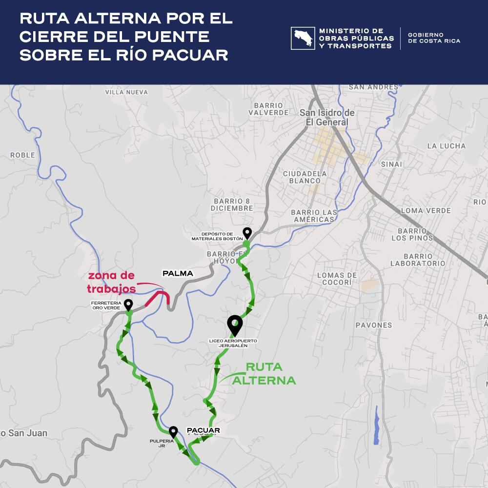 La ruta 243 cerrará un mes en La Palma por traslado de puente sobre el río Pacuar. Solo vehículos livianos podrán usar la ruta alterna.