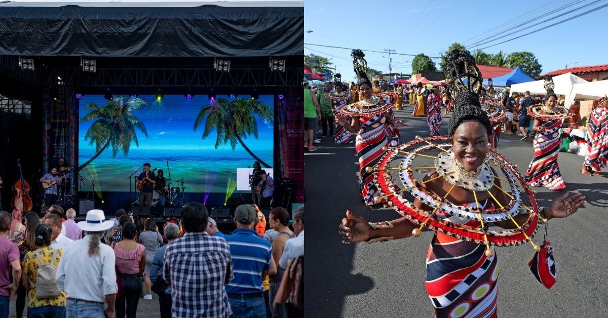 Concierto público en el Festival Nacional de las Artes 202; y una mujer desfila durante el Gran Parade 2019 en Limón
