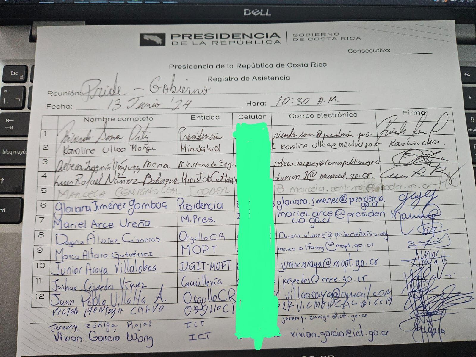 El excomisionado de Inclusión Social, Ricardo Sossa, envió a La Nación la lista de asistencia de personas a una reunión en Casa Presidencial, el 13 de junio del 2024, para discutir sobre el decreto de interés cultural para la Marcha del Orgullo
