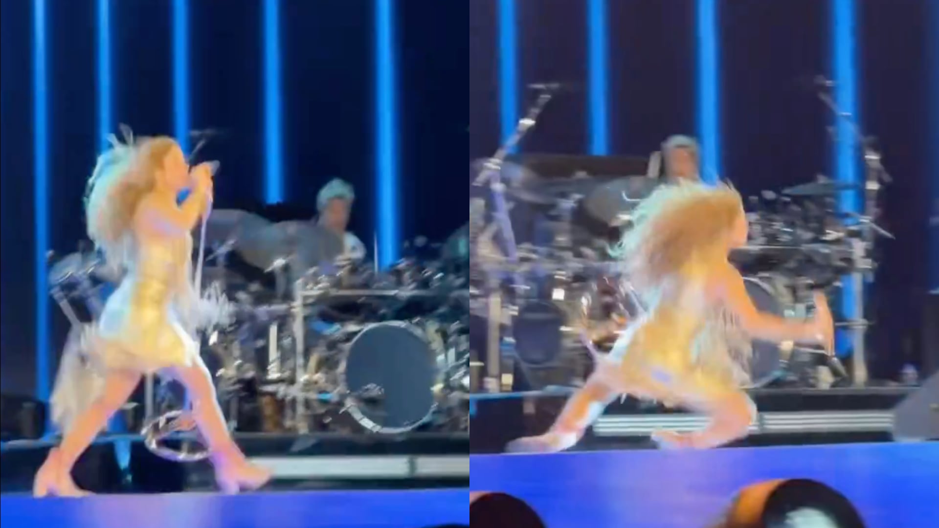 Shakira sufrió una caída en el escenario durante su primer concierto en El Salvador. Tras levantarse, continuó la presentación.