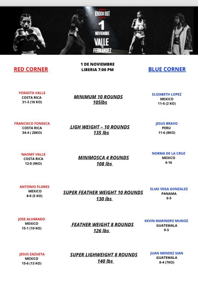 Yokasta Valle vs. Elizabeth López
Pelea título Mundial 105 libras
Consejo Mundial de Boxeo
Cámara Ganadera de Liberia
1 de noviembre del 2024
Cortesía