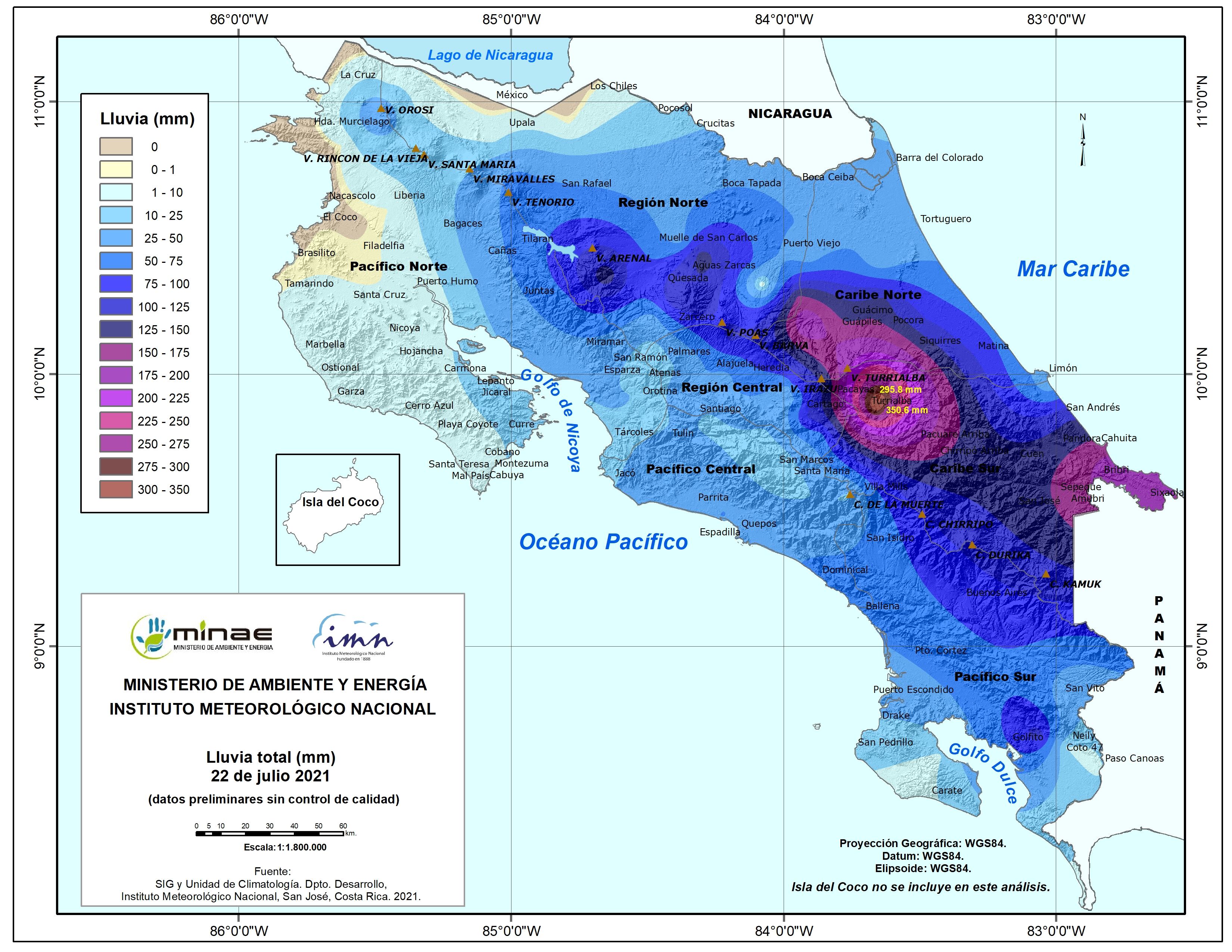 Los colores celeste, azul, morado y café del mapa, muestran en ese orden la cantidad de lluvia que cayó este jueves en nuestro territorio. Turrialba y Talamanca tuvieron lluvias extremas. Imange: IMN.