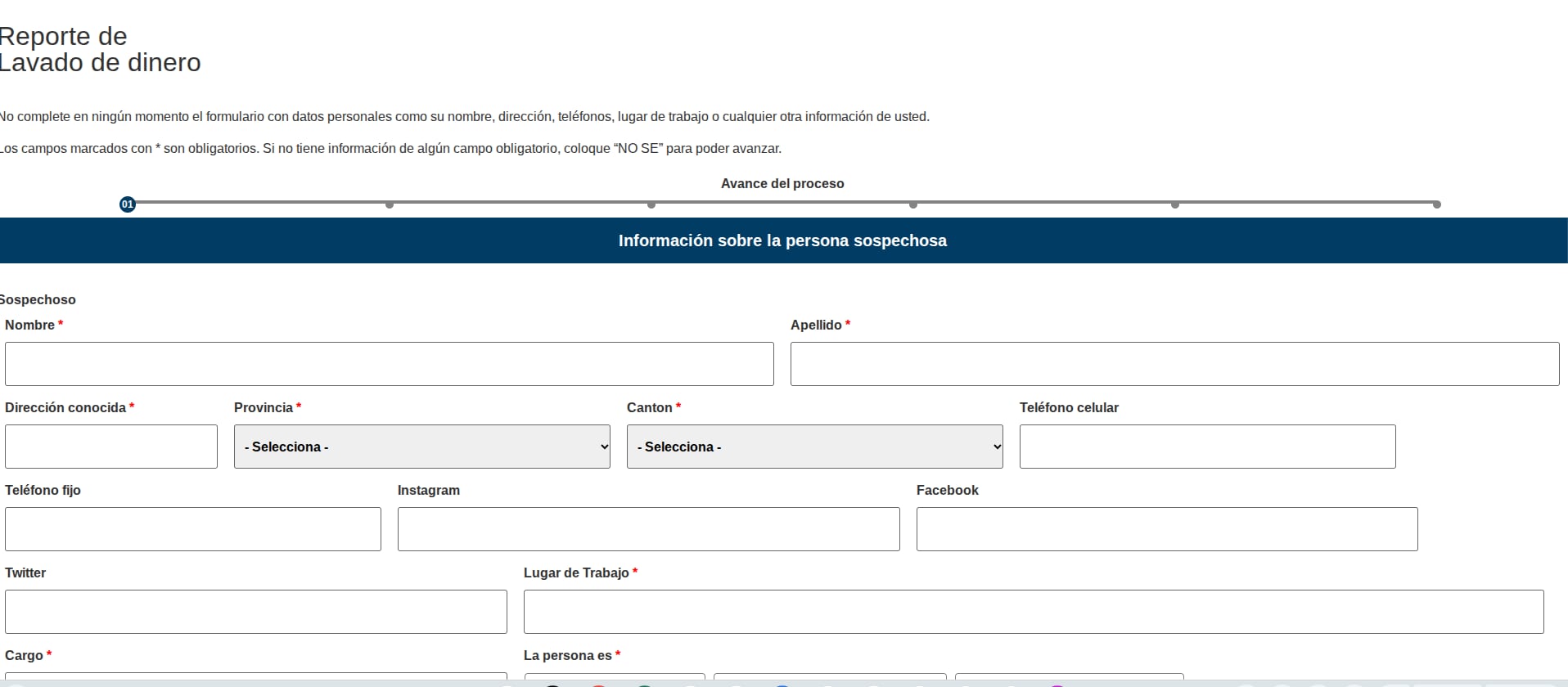 Al seleccionar el delito que desea denunciar, debe rellenar los campos que aparecen con datos del sospechoso.