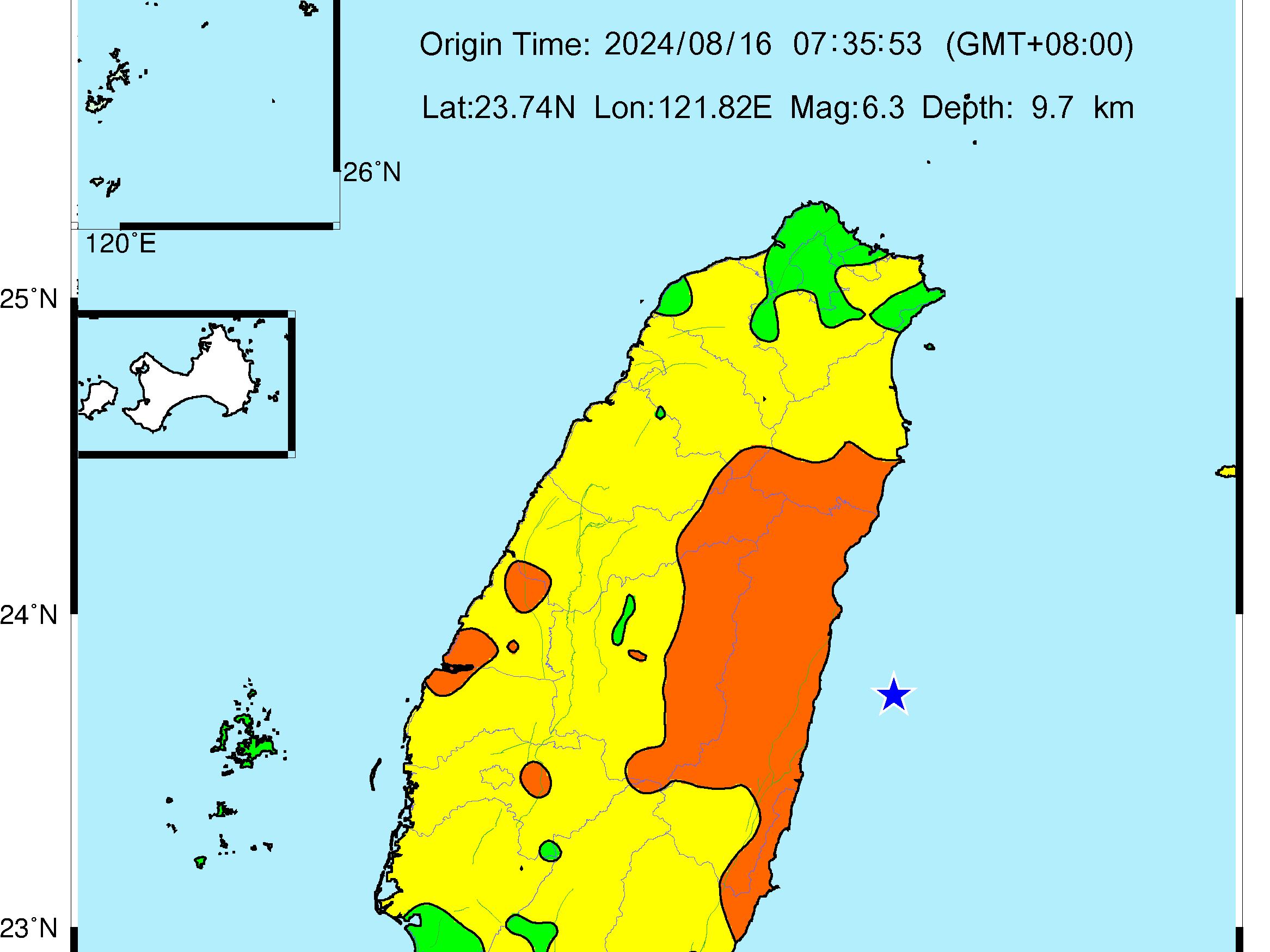 Infografía divulgada por la Administración Meteorológica Central de Taiwán del punto donde se situó el epicentro del sismo ocurrido la mañana del viernes 16 de agosto en esa isla y las zonas donde más se sintió. Fotografía: Cortesía Administración Meteorológica Central de Taiwán.
