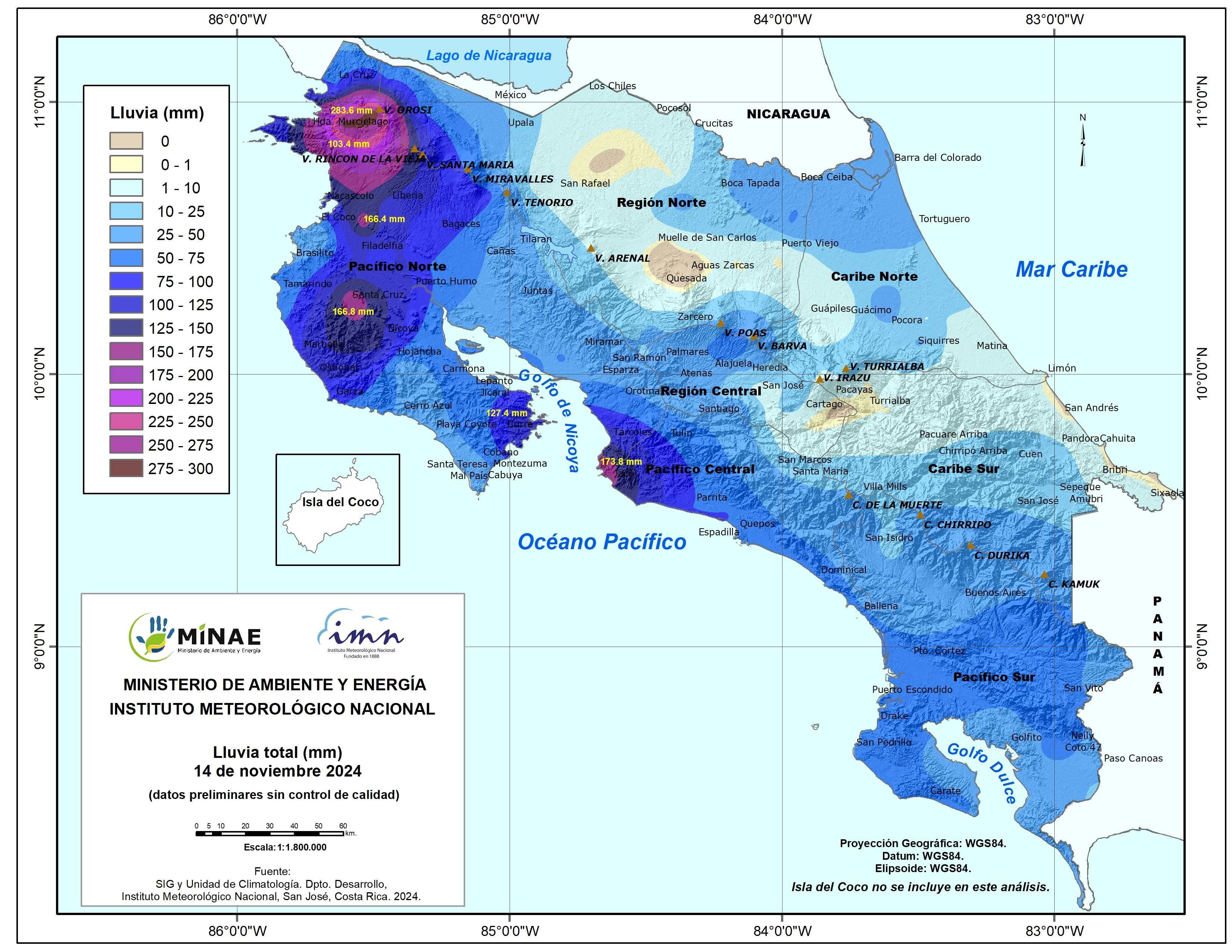 Conforme se vuelve más morado el tono, más altos son los montos de lluvias. Estos son los valores de precipitaciones del jueves en todo el país. Pacífico Norte y Central los más afectados por el impacto indirecto de la tormenta Sara.