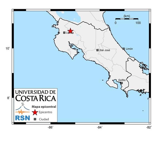 Imagen de un mapa de Costa Rica con la ubicación del epicentro del sismo de magnitud 4,0 en Bagaces, Guanacaste, registrado el 12 de marzo de 2025, según la RSN.