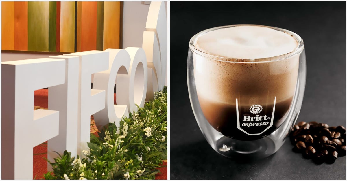 Composición fotográfica con el logo de Fifco en un evento corporativo y un vaso de café de Britt espresso, representando la alianza estratégica entre ambas empresas para la comercialización de bebidas RTD.