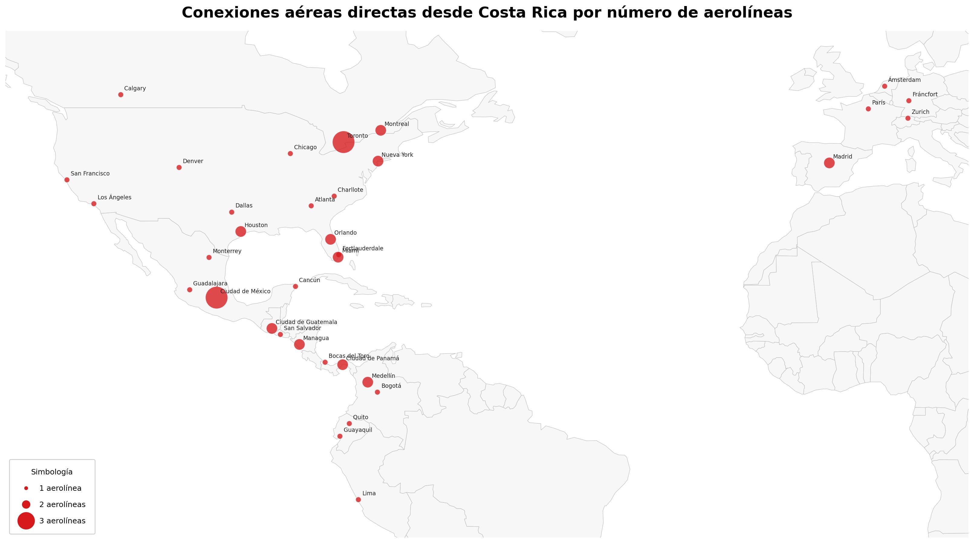 Conexiones aéreas a Costa Rica por cantidad de aerolíneas