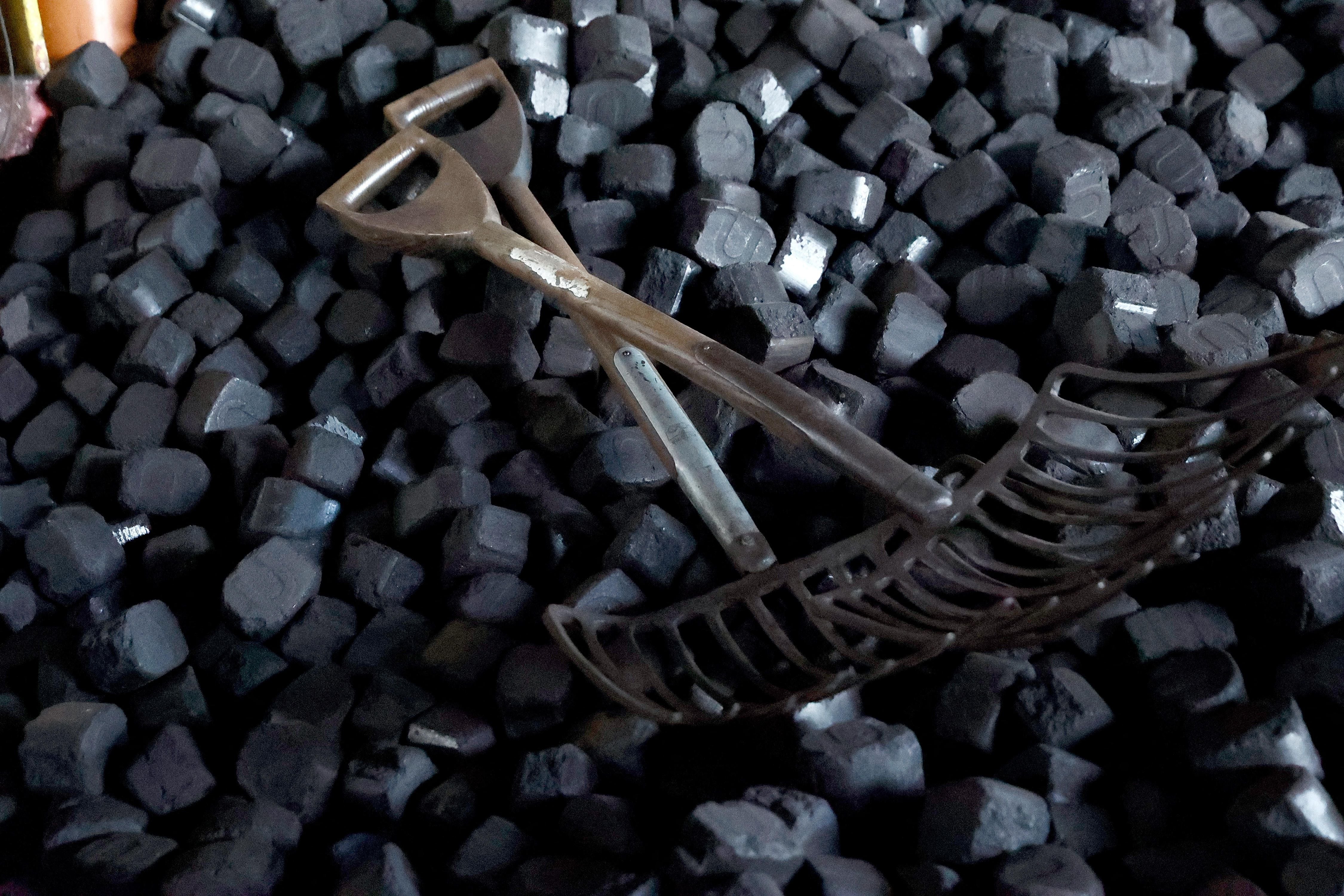 Pila de carbón con dos herramientas de manejo metálicas en primer plano.