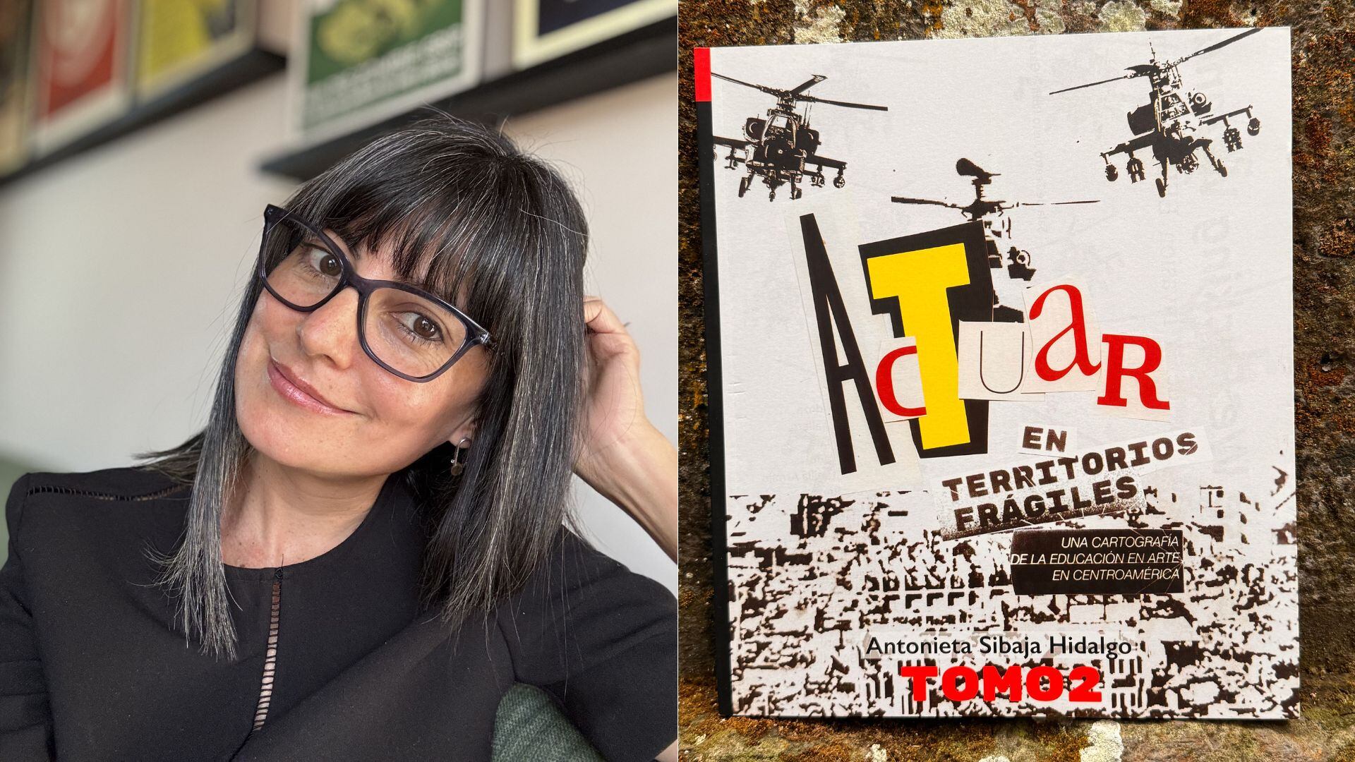 Collage de Antonieta Sibaja Hidalgo con el libro 'Actuar en Territorios Frágiles. Una cartografía de la educación en arte en Centroamérica. Tomo 2'.