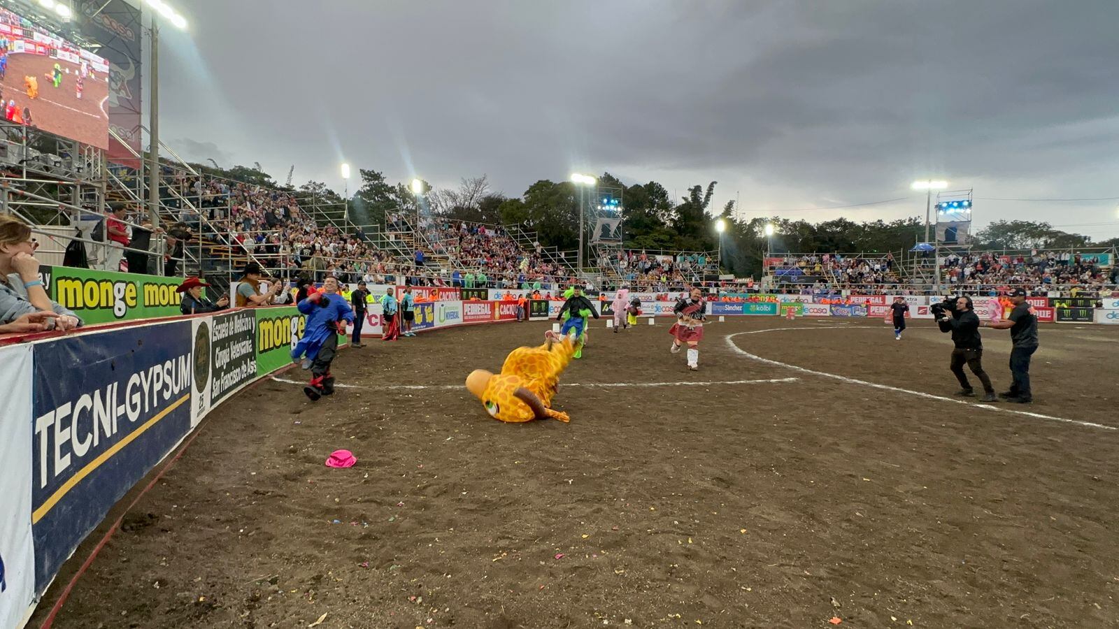 Max Barberena vestido como jirafa se tiró al suelo para ganar una carrera de botargas.