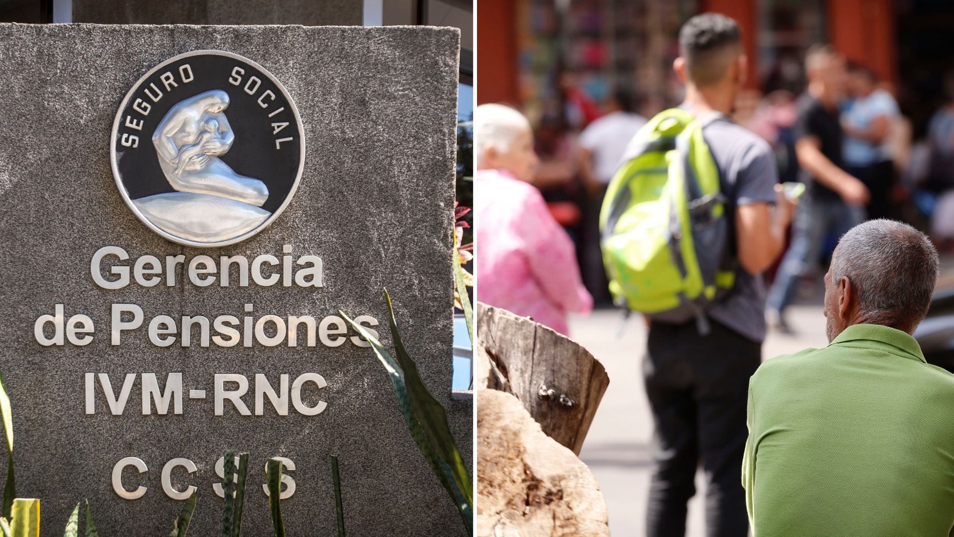 Composición con dos fotos: una, de placa de cemento con letras de CCSS IVM y RNC, y otra foto con grupo de gente caminando por la avenida central de San José.