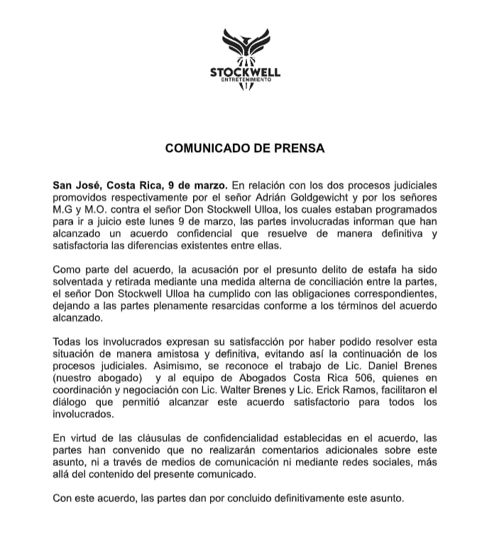 Don Stockwell solventó la acusación por presunta estafa mediante una medida alterna de resolución de conflictos, así lo dio a conocer en un comunicado de prensa.