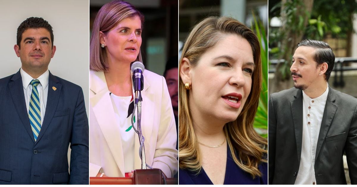 Una composición fotográfica con cuatro candidatos presidenciales, uno al lado del otro: Álvaro Ramos, Laura Fernández, Claudia Dobles y Ariel Robles.