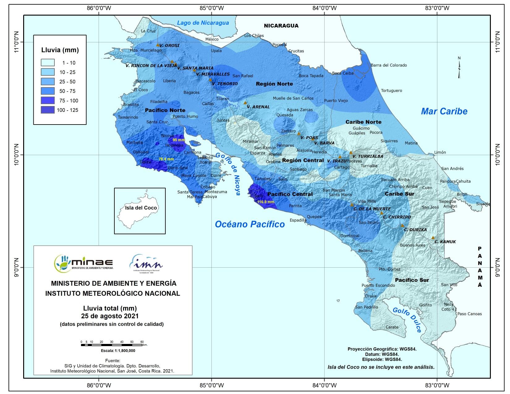 Los puntos más azules, entre ellos el Pacífico central, son los que maás precipitaciones tuvieron este miércoles. Los suelos están muy vulnerables. Imagen: IMN.