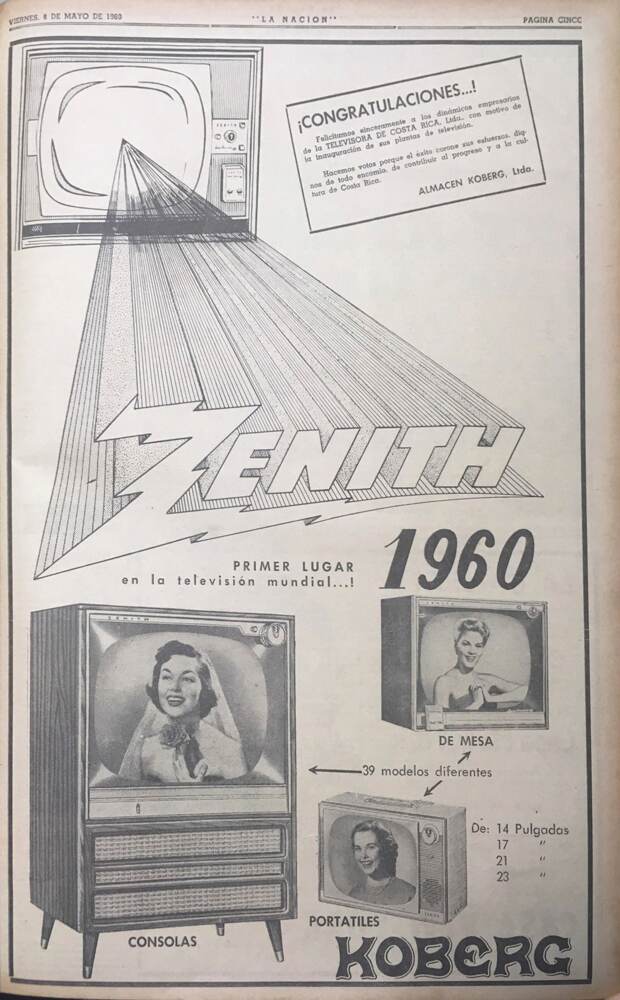 Promociones (mayo, 1960). El 9 de mayo, día de la primera transmisión de televisión abierta en el país, las casas comerciales promocionaron sus opciones de televisores. Este anuncio es de la marca Zenith.