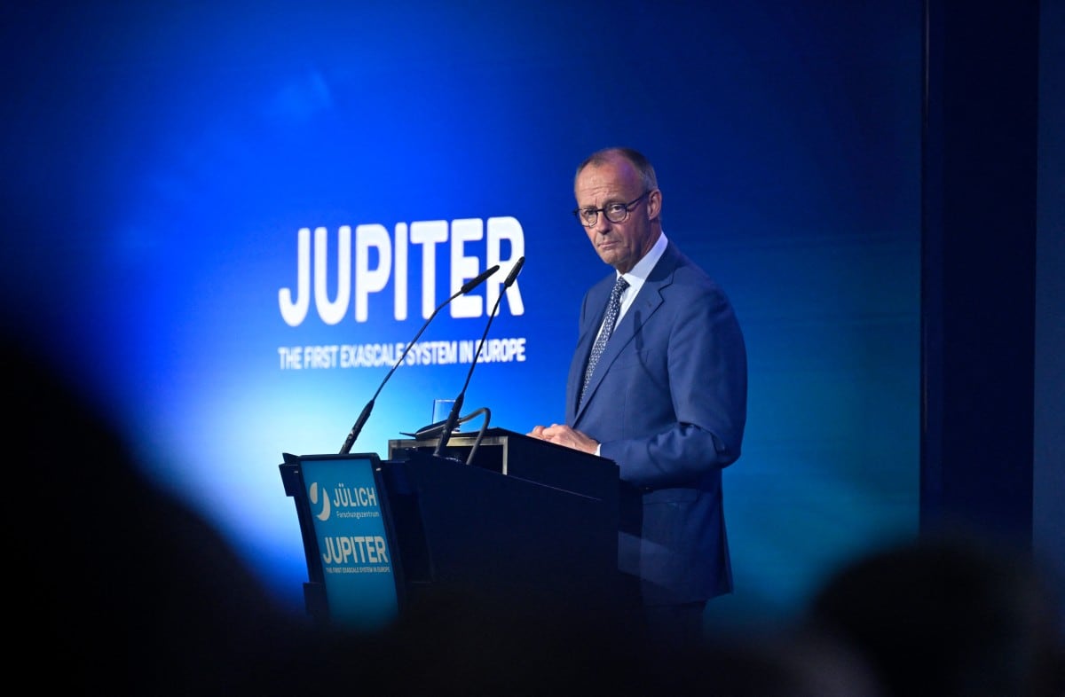 German Chancellor Friedrich Merz gives a speech to officially inaugurate Europe's fastest supercomputer Jupiter.