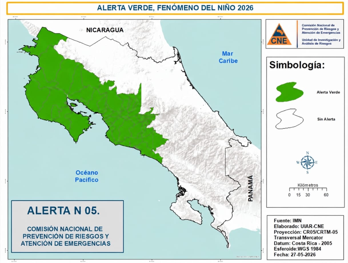 CNE declaró alerta verde, que es un estado de prevención e información, para varios cantones por el fenómeno El Niño.