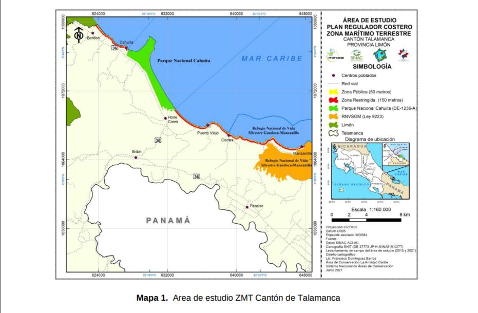 Imagen del uno de los mapas del estudio realizado por personeros del Sinac en 2021, el donde se determinó la existencia de más de cien hectáreas de humedales que debían ser recuperadas