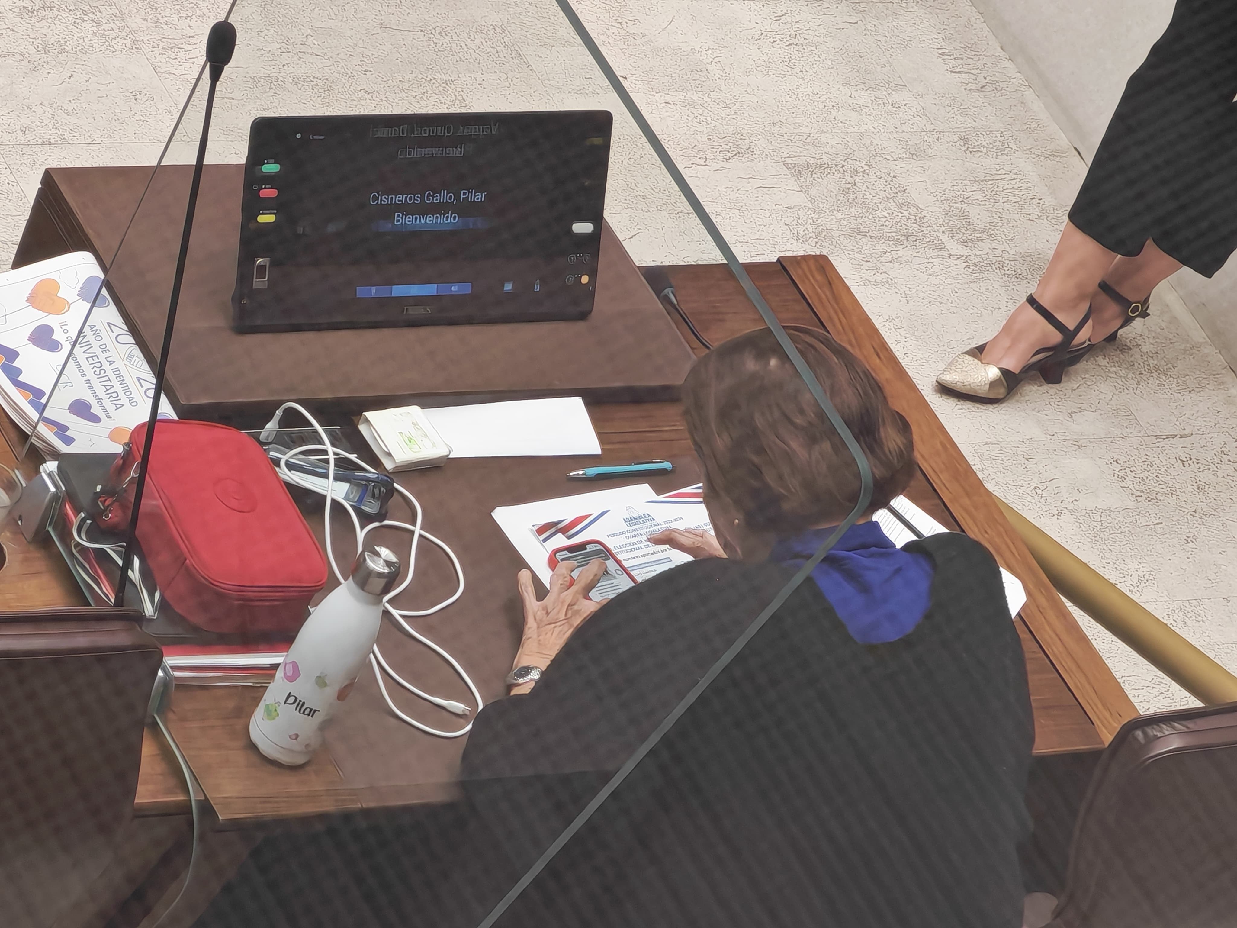 Pilar Cisneros respondía mensajes, antes de entregar su boleta de votación para elección de magistraturas suplentes de la Sala Constitucional.