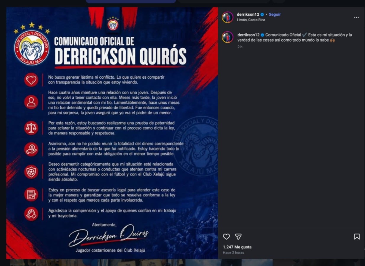 Este fue el comunicado que subió Derrickson Quirós sobre su situación.