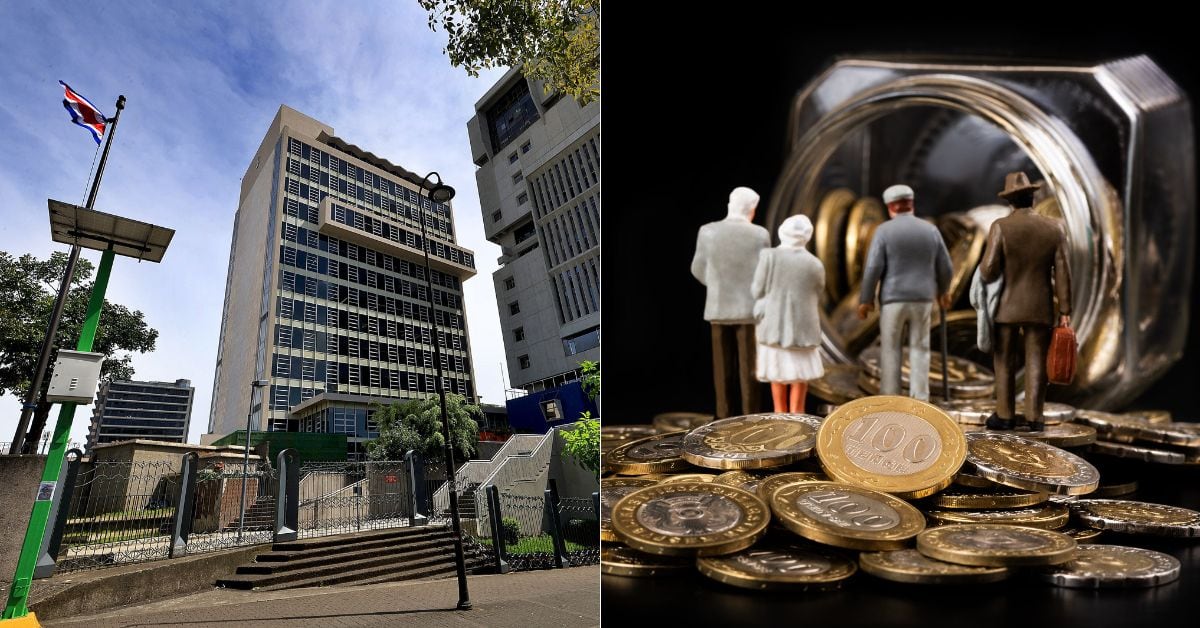 En la imagen, la fachada de la CCSS y a la derecha una imagen de personas con monedas representativa de un jarro con fondo de pensiones