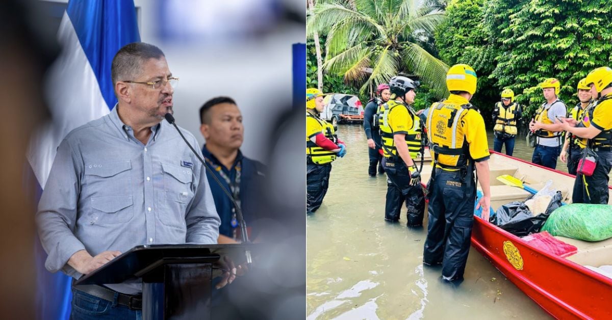 A la derecha el presidente Rodrigo Chaves y a la izquierda una imagen de la atención de emergencias por lluvias en Guanacaste.