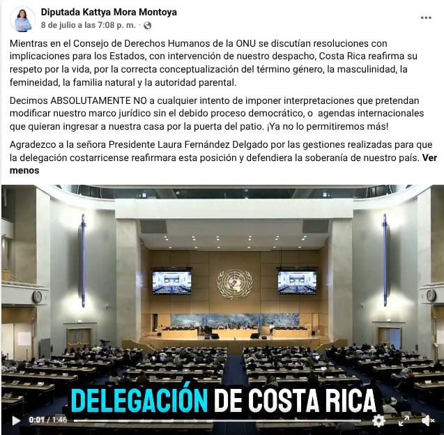 Pueblicación en Facebook de la diputada y pastora evangélica, Kattya Mora, del oficialista PPSO, en la que toma crédito por la intervención de Costa Rica.