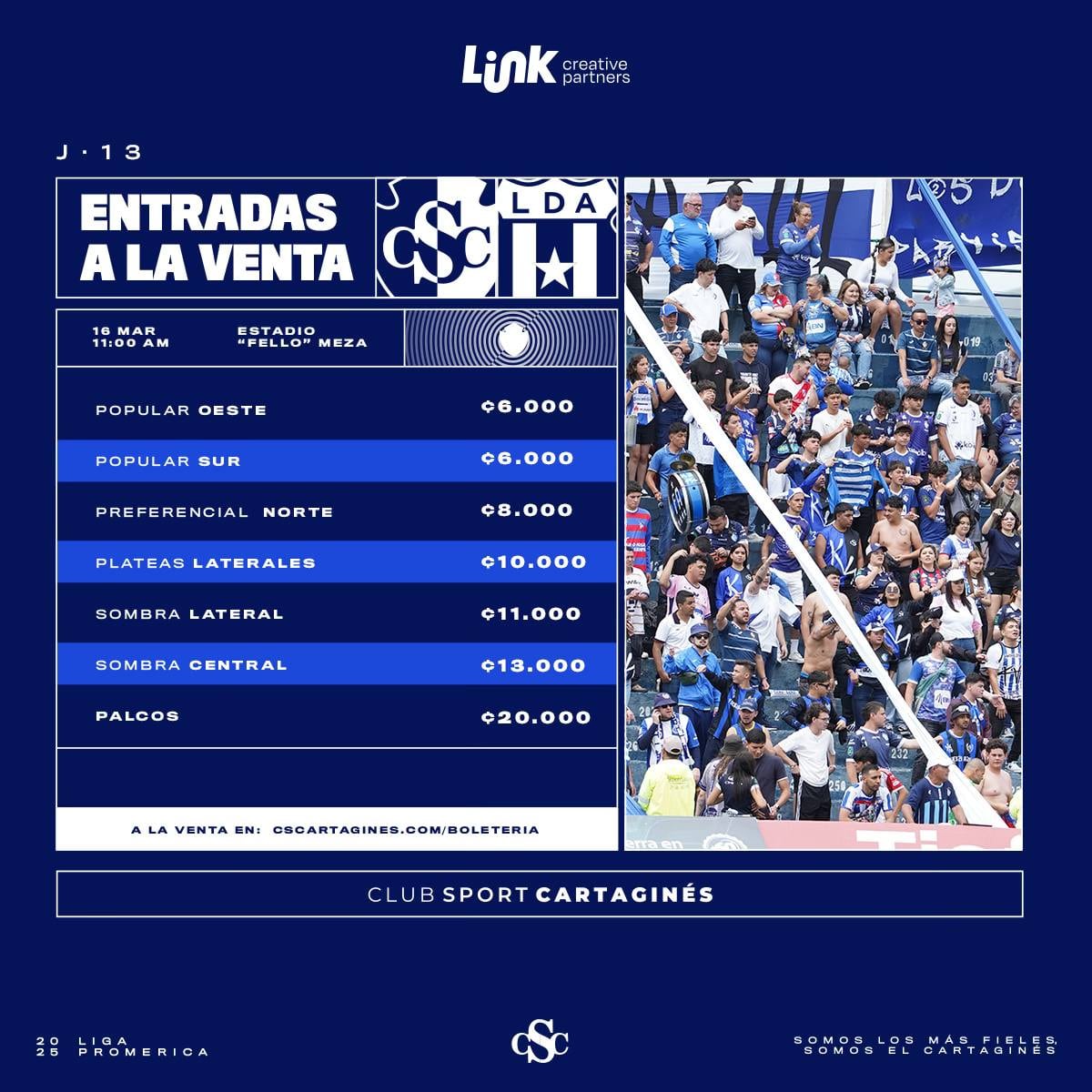 Este es el precio de las entradas para el partido entre Cartaginés y Liga Deportiva Alajuelense.