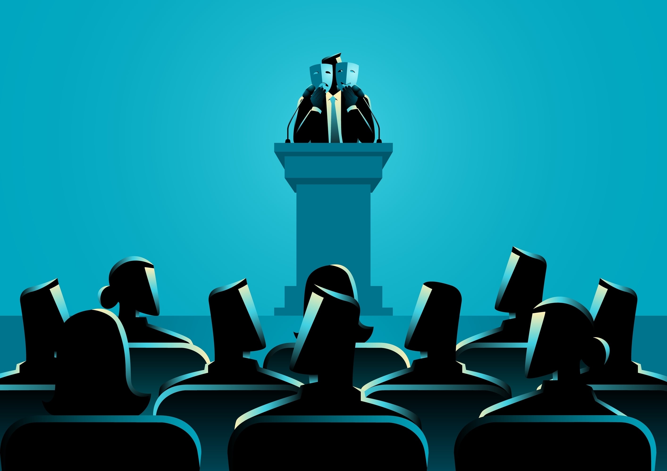 Político con varias máscaras frente a un auditorio, frente a público. Populismo, posverdad, adoctrinamiento, falsas verdades, engaños, mentiras