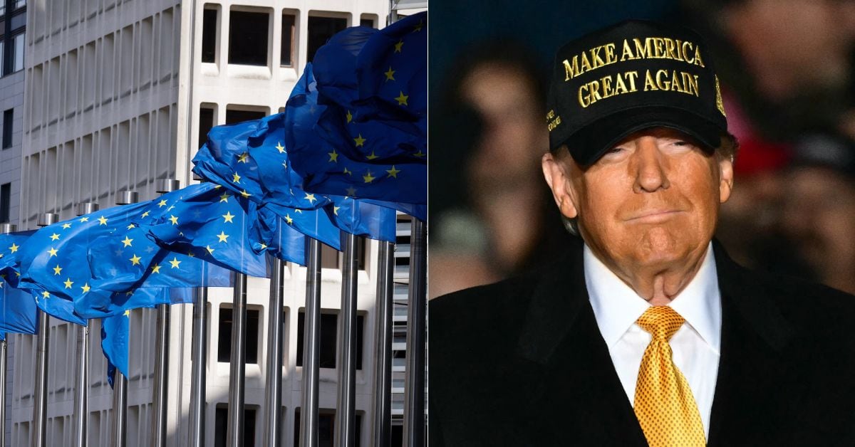 En la imagen, banderas de la UE y Donald Trump
