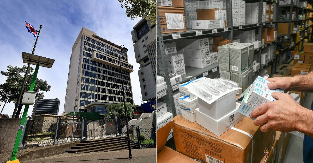 En la imagen, la fachada de la CCSS y una caja de medicinas de un ebais