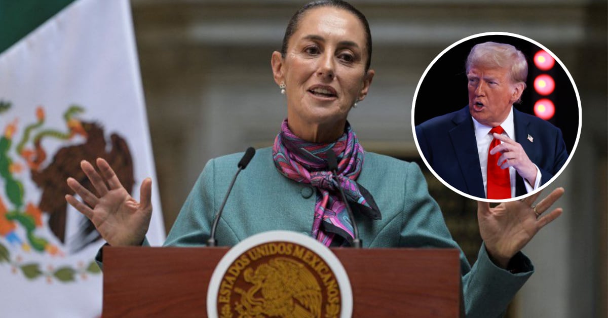 Fotografia de la presidenta de México gesticulando y en un recuadro una fotografiia de Donald Trump.