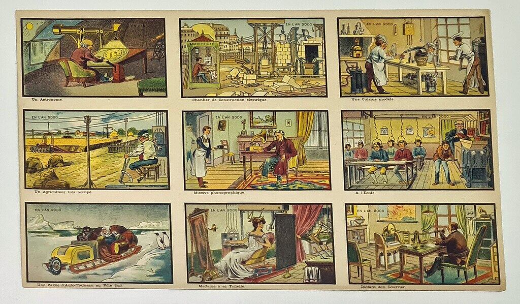 A finales del siglo XIX, en un proyecto muy ambicioso que, traducido del francés, significa "En el lejano 2000", personas de la ciencia, la matemática, el arte y la religión crearon imágenes sobre cómo serían las cosas en el año 2000. Cortesía de Wikimedia Commons.