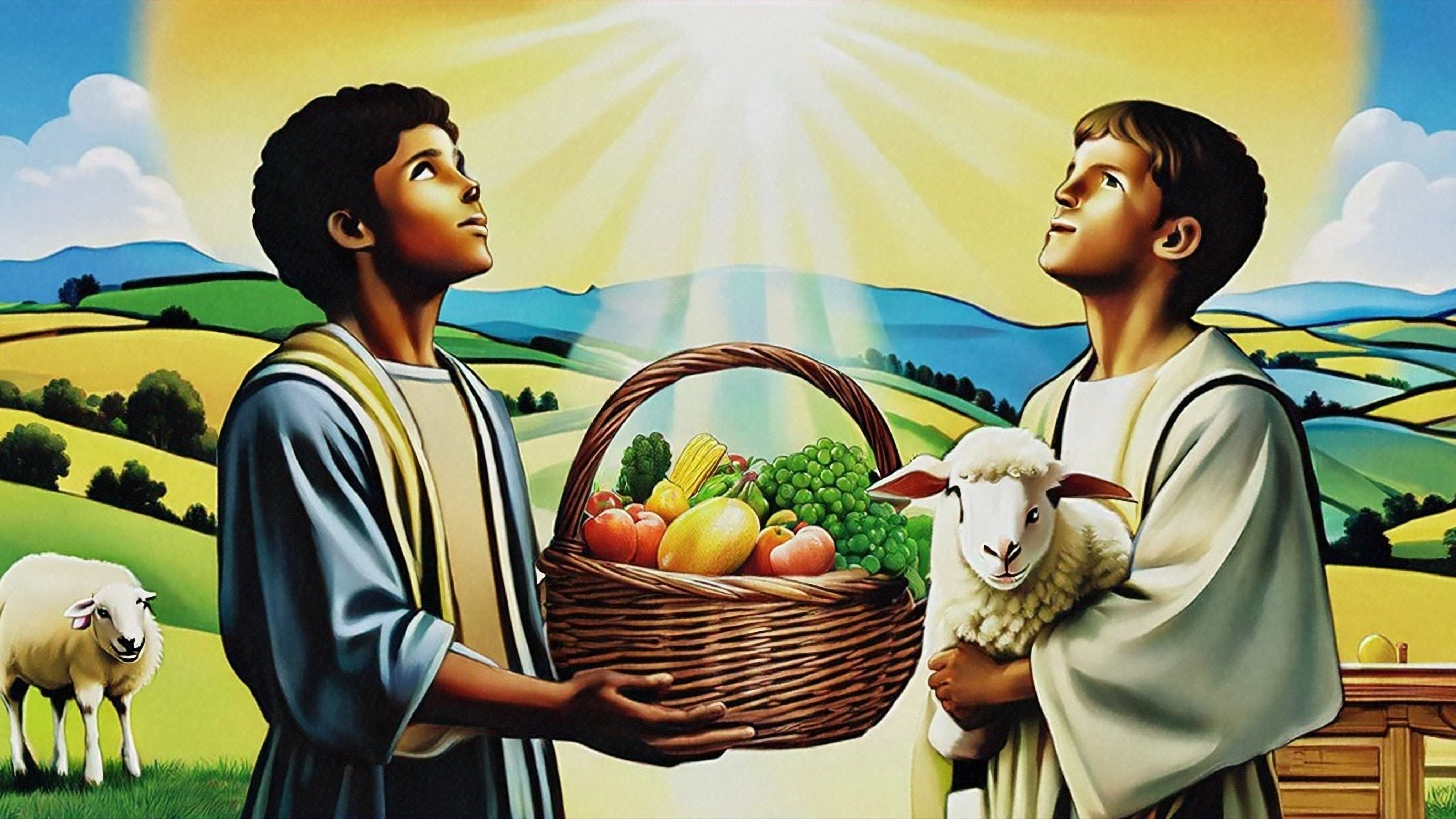 Imagen del relato bíblico de los hermanos Caín y Abel y las ofrendas que presentaron a Dios