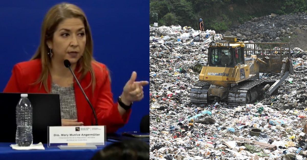 Una composición fotográfica. A la izquierda, la ministra de Salud, Mary Munive. A la derecha, una montaña de residuos y maquinaria trabajando en ellos.