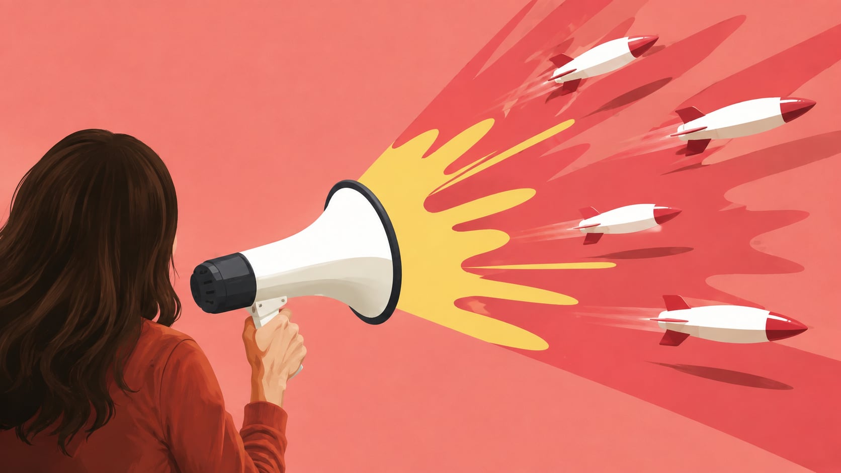 Violencia verbal, palabras como misiles, proyectiles. Mujer de espaldas sujetando megáfono, hablando a través de él, pero lo que se dice sale disparado como armas