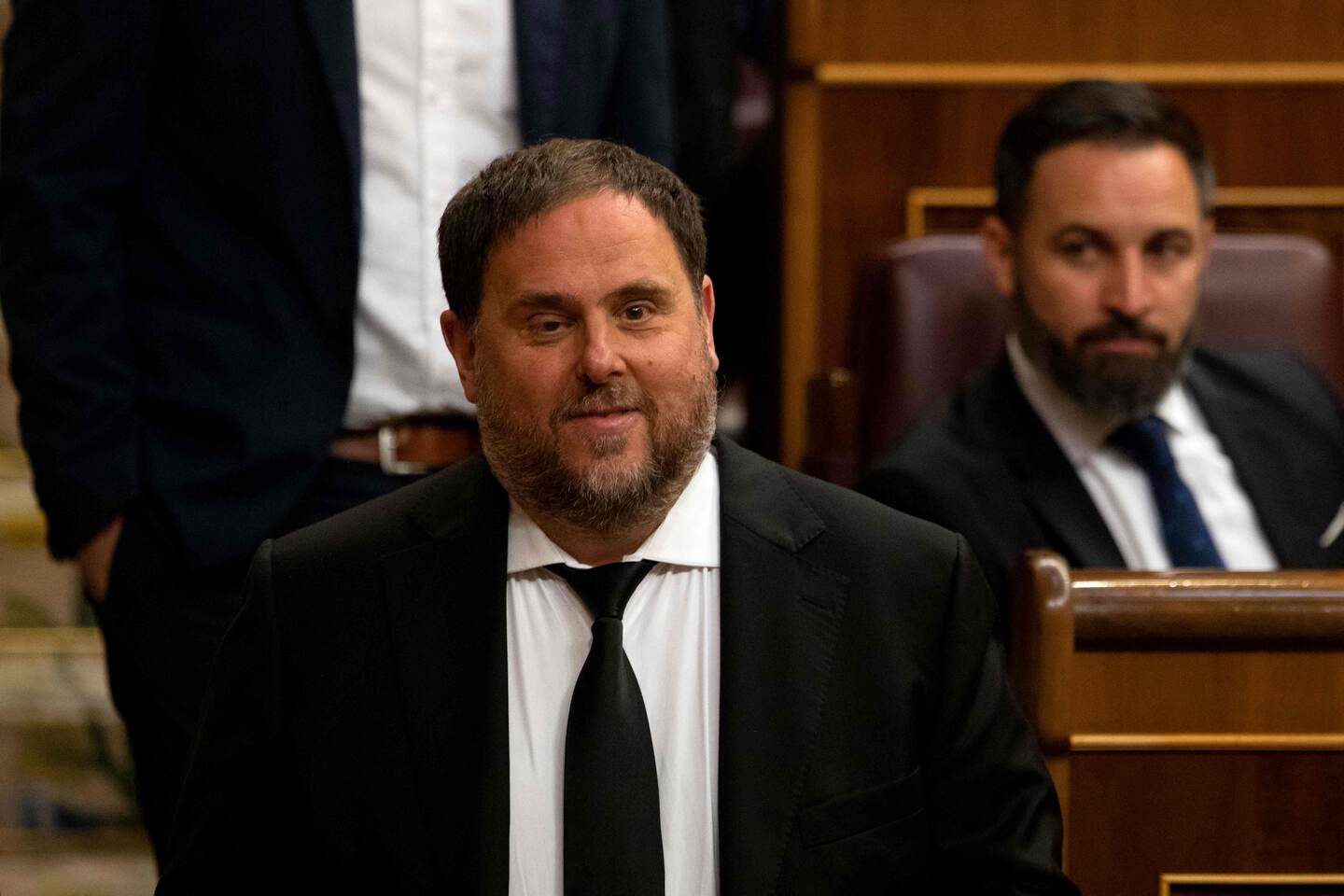 'Esquerra Republicana de Catalunya' - ERC (Republican Left of Catalonia) jailed member of parliament Oriol Junqueras attends the first plenary session of the lower house of parliament since last month's general election, on May 21, 2019 in Madrid. (Photo by Pablo Blazquez / POOL / AFP)