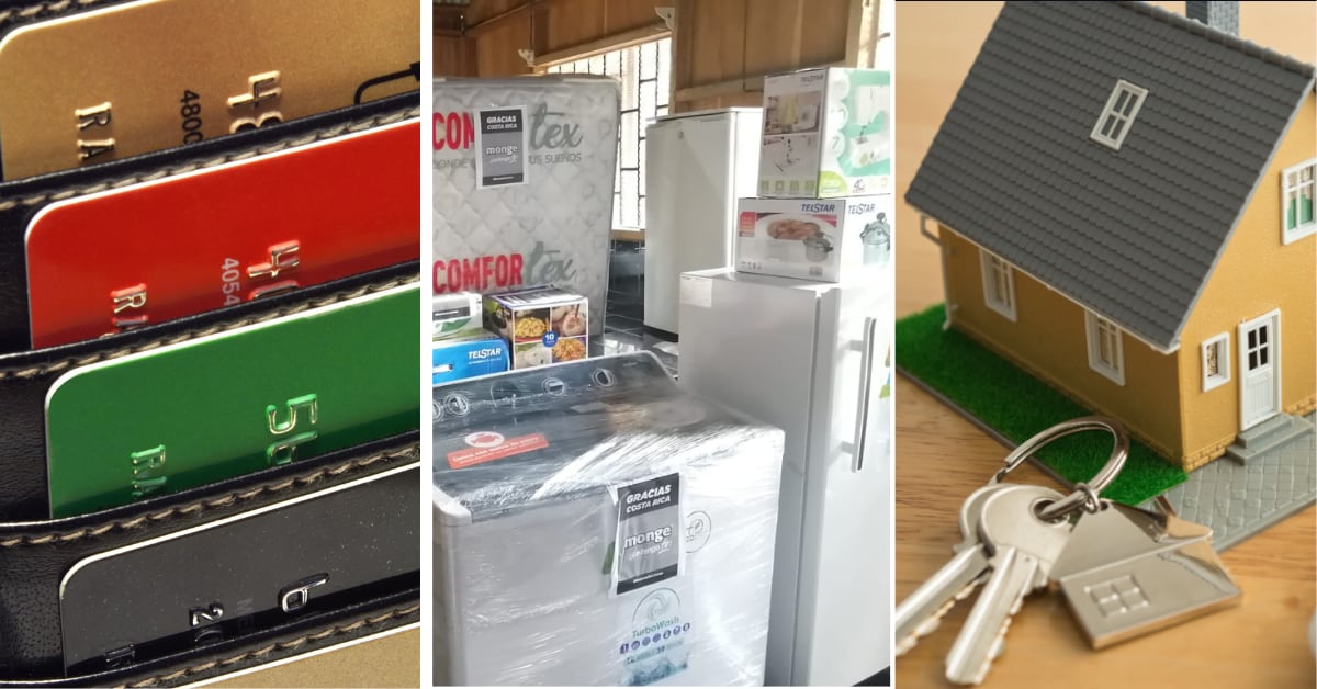 Imagen ilustrativa de tarjetas de crédito, electrodomésticos y una casa, asociada al aumento del endeudamiento de los hogares en Costa Rica según la Enigh 2024, con mayor uso de tarjetas de crédito y gastos financieros.