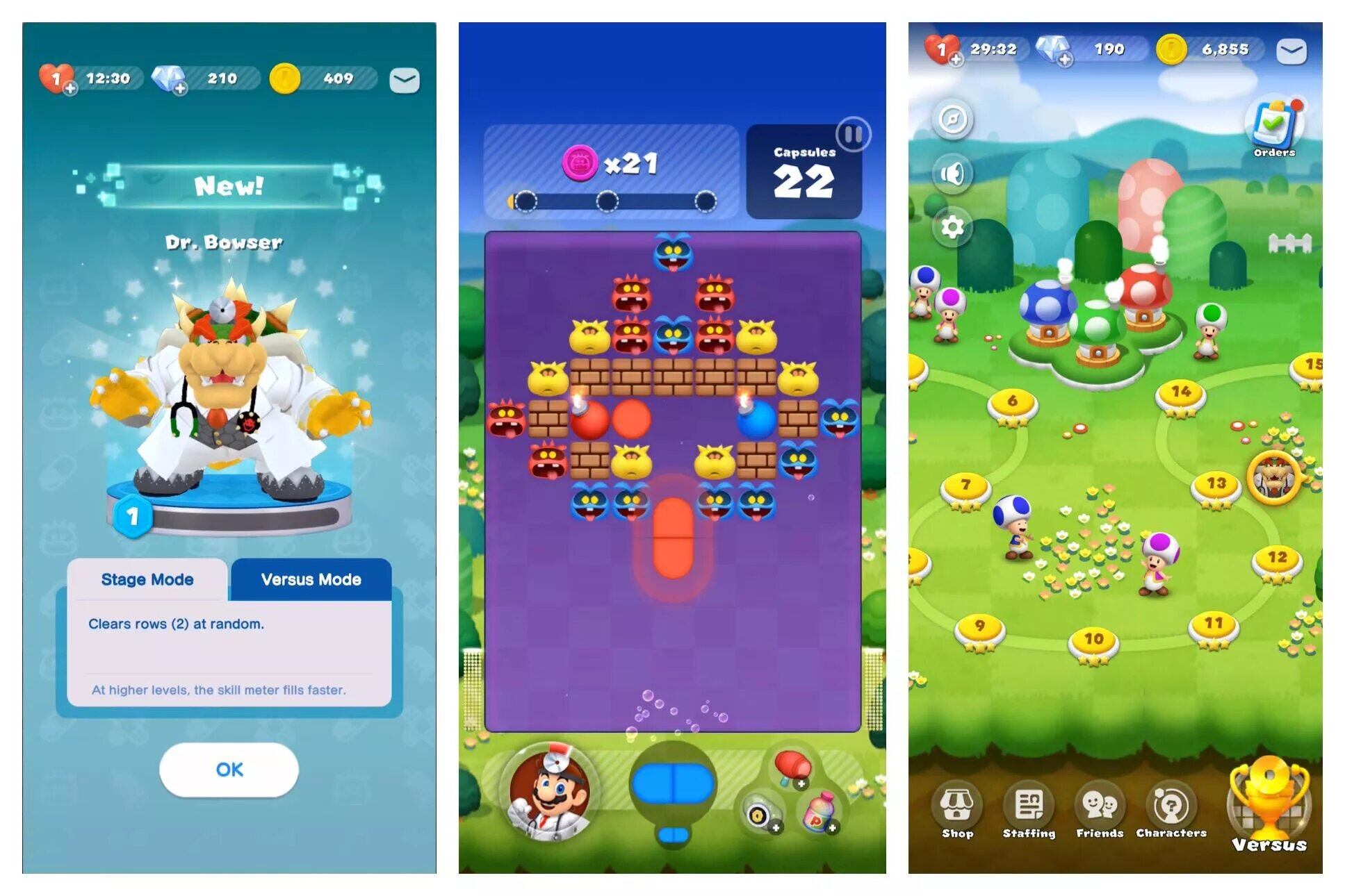 Capturas del juego Dr. Mario World mostrando personajes como Dr. Bowser, un nivel de puzles con cápsulas y virus, y el mapa del juego con áreas desbloqueables.