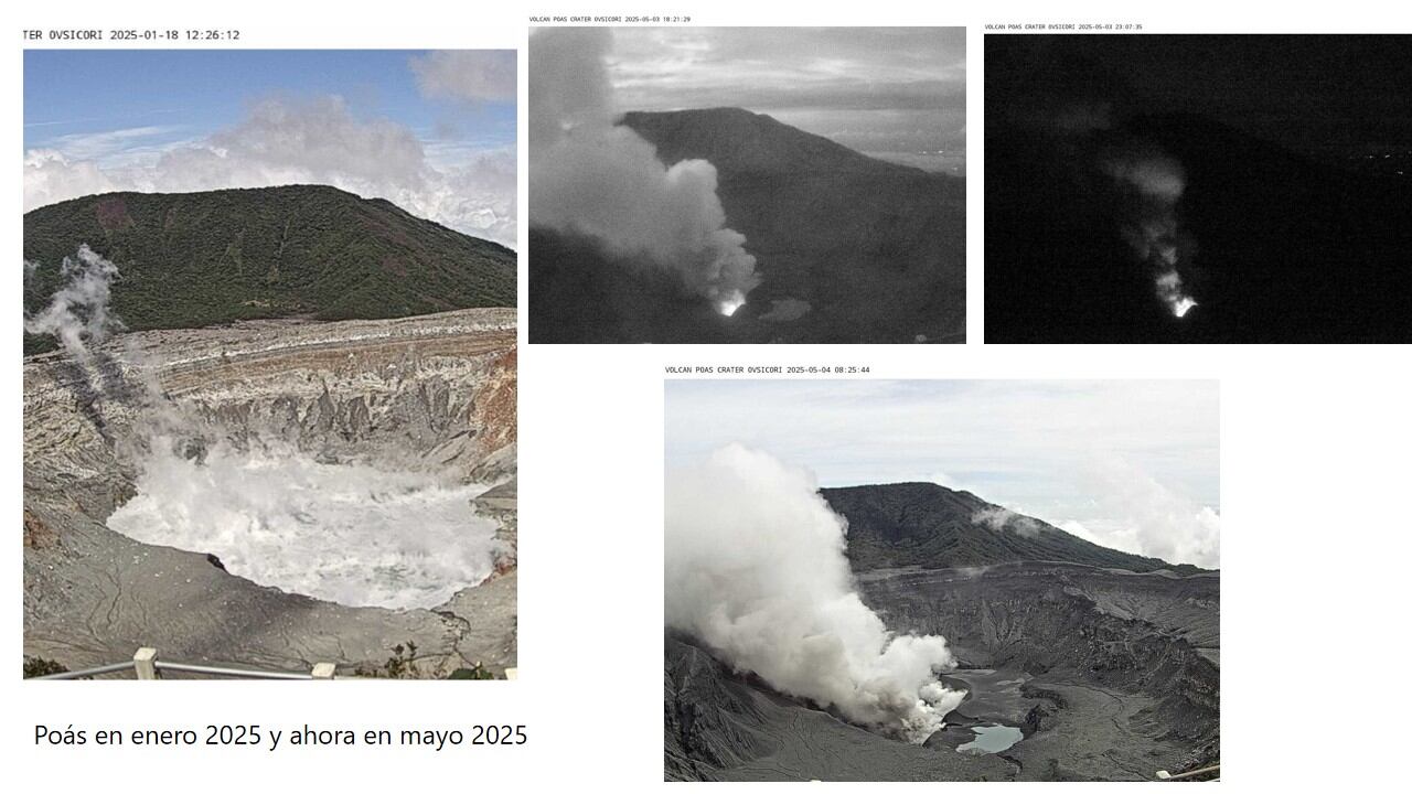 Imágenes captdas por las cámaras que vigilan el volcán Poás es distintos momentos de actividad.