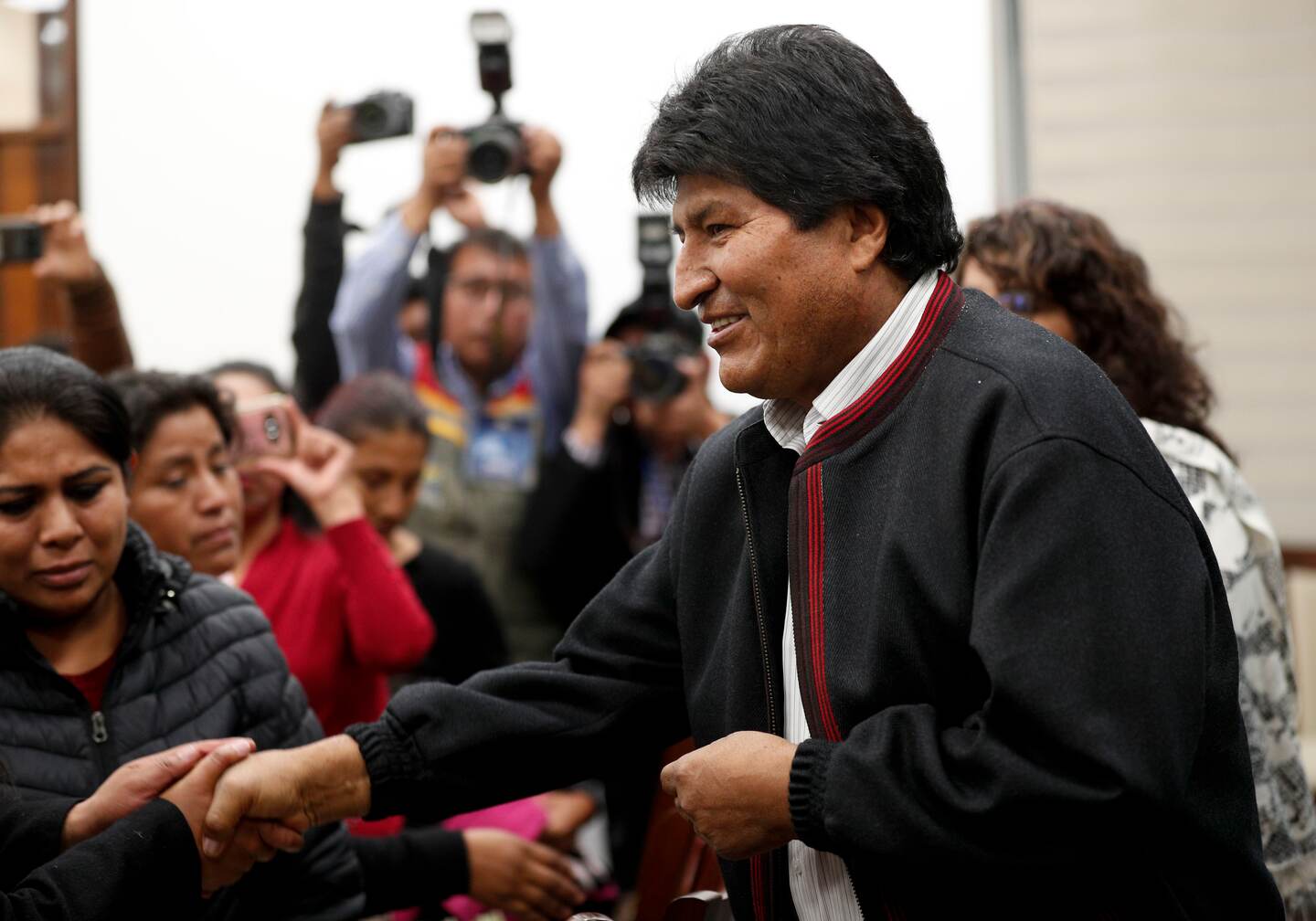 Bolivia's President Evo Morales enters for a meeting at the the government Palace in La Paz, Bolivia, Monday, Nov. 4, 2019. Bolivia's Air Force says a helicopter carrying President Morales has had to make an emergency landing due to a mechanical problem. It says there were no injuries. (AP Photo/Juan Karita)