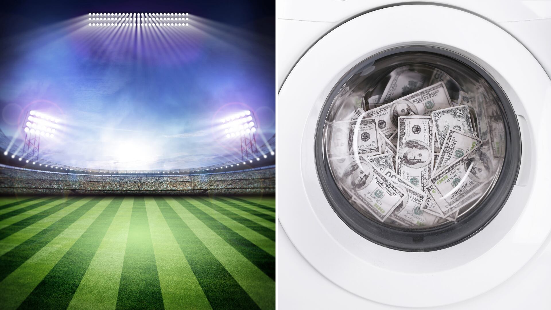 Imagen ilustrativa que representa billetes sobre un balón de fútbol, simbolizando cómo el fútbol facilita el lavado de dinero mediante fichajes sobrevalorados, empresas fantasma y paraísos fiscales.