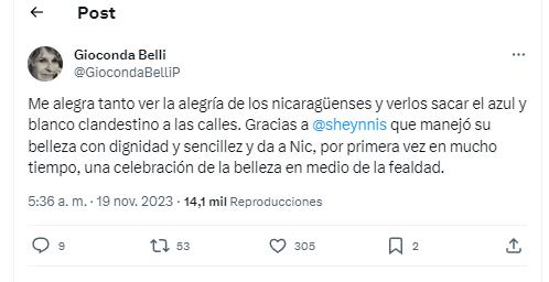 Tuit Gioconda Belli sobre Miss Universo 2023