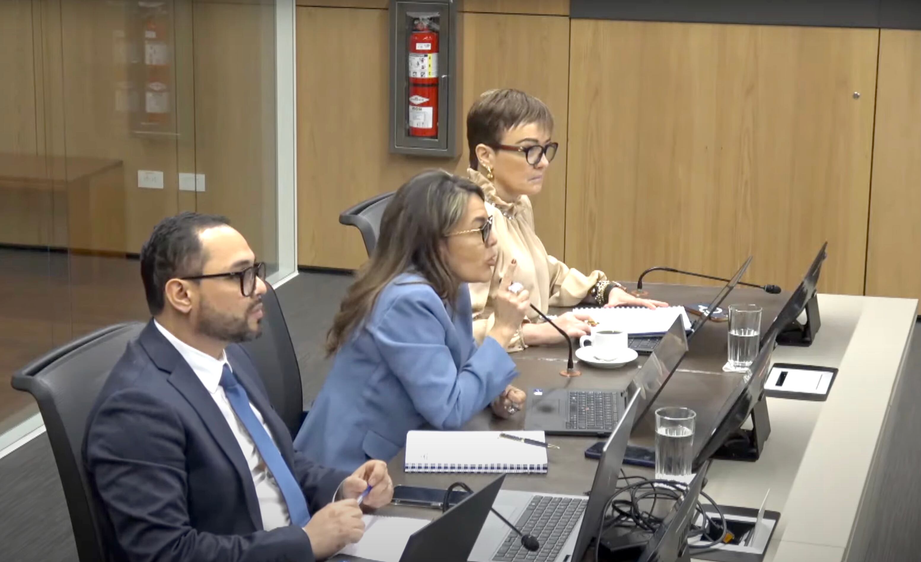 La auditora general del ICE, Ana Sofía Machuca Flores (a centro) este 8 de enero en su comparecencia ante la Comisión de Relaciones Internacionales de la Asamblea Legislativa. Con ella, David Corrales Molina y Laura Ledezma Godínez; subalternos suyos. Fotografía: Toma de video de la comparecencia.