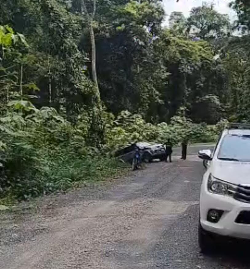 La Fuerza Pública custodió dos escenas, la del carro que quedó con las llantas traseras en una zanja y a 800 metros, en la zona boscosa, el cadáver del veinteañero. Foto: Reiner Montero.