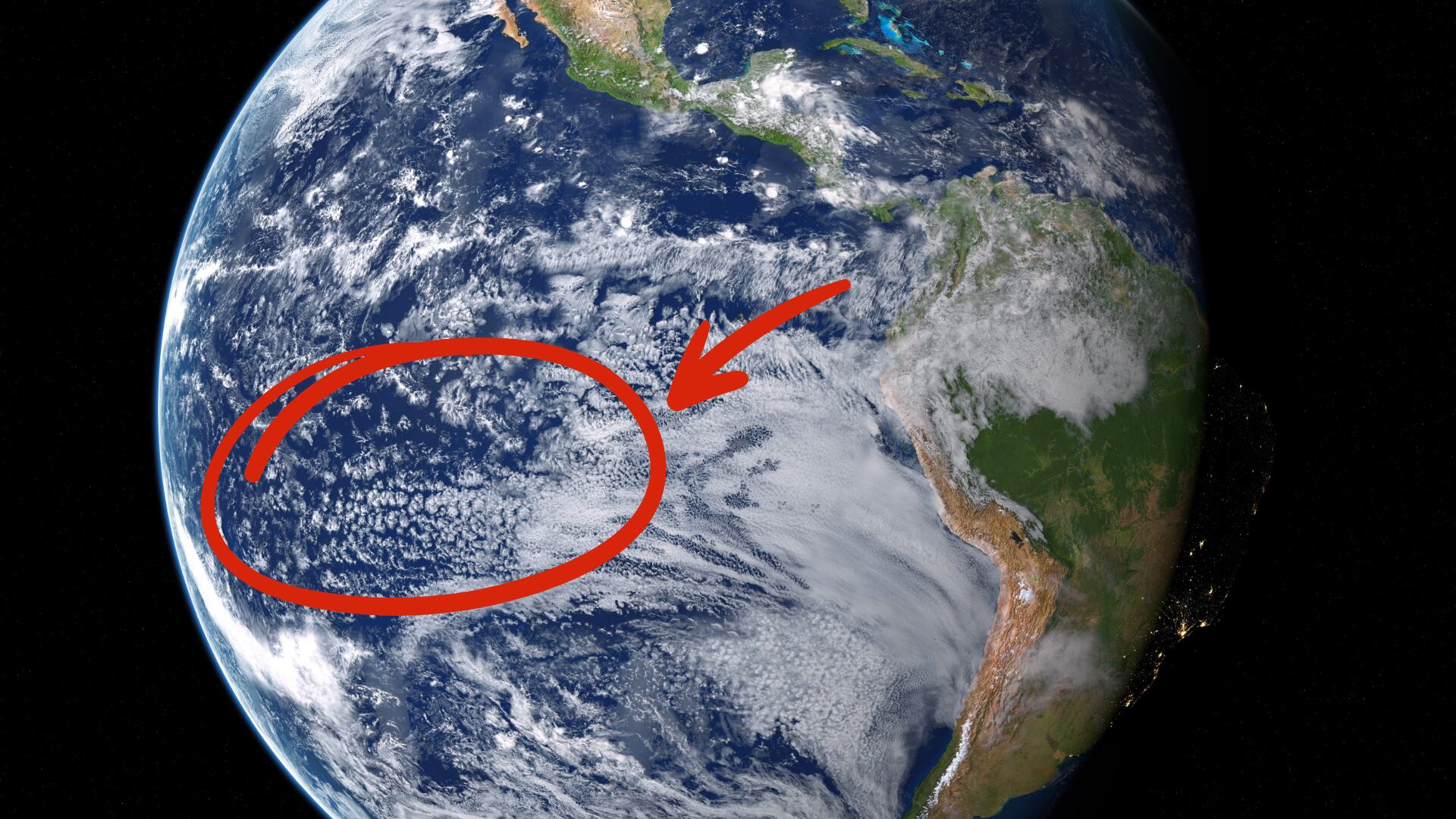 Imagen satelital de la Tierra, destacando una zona en el Océano Pacífico marcada con un círculo rojo y una flecha, relacionada con el estudio de anomalías del manto terrestre.