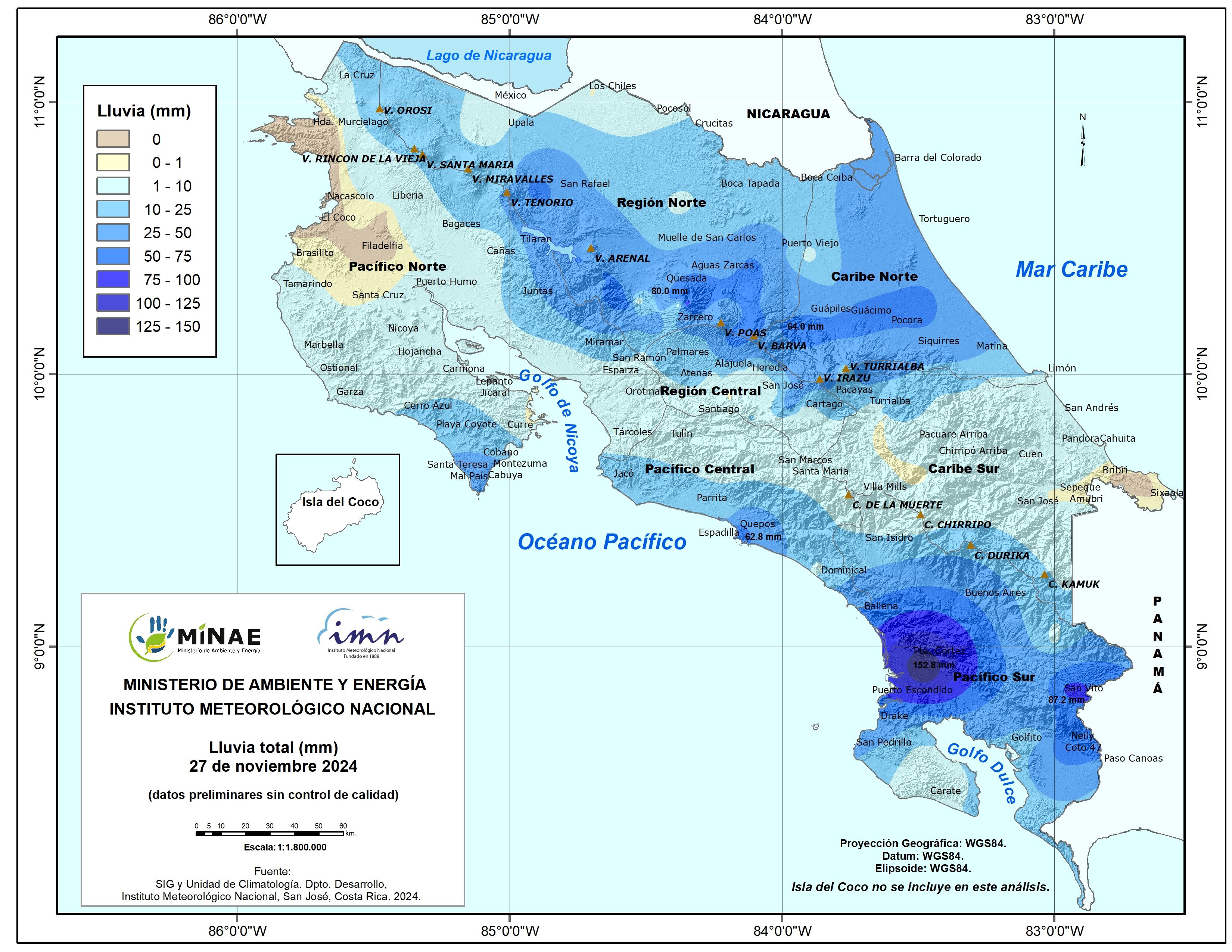 Los puntos de azul intenso y morado son los que este miércoles tuvieron las lluvias más fuertes. El Sierpe de Osa llegaron a 152,8 litros por metro cuadrado. Imagen: IMN.